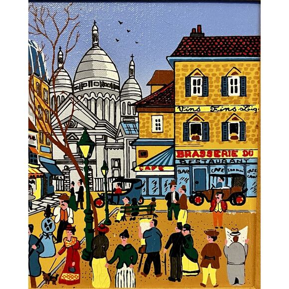 French Street Scene Painting Sacre Coeur Montmartre Paris Folk Art Style Signed - Picture 4 of 10